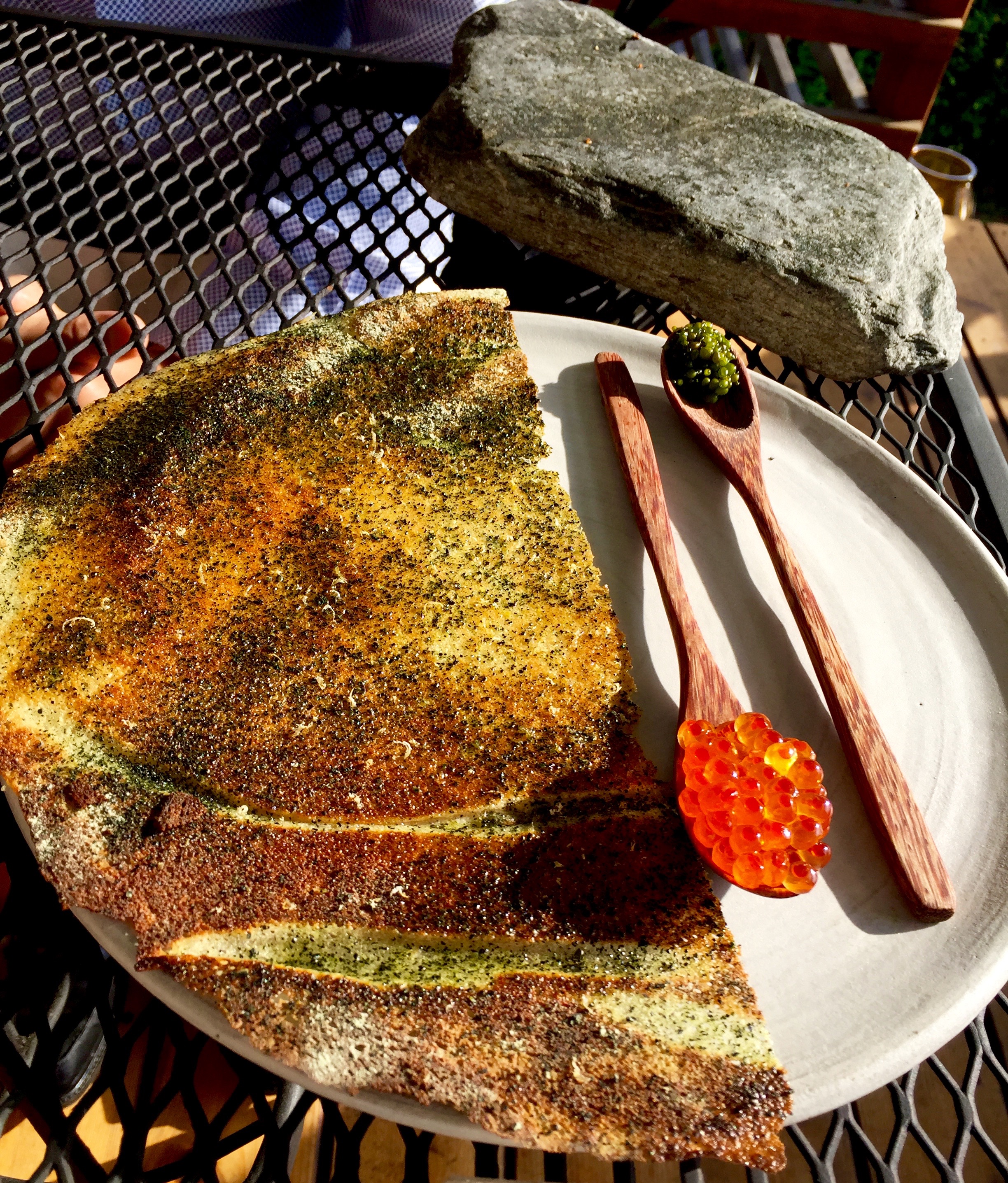 Crisped Crepe dusted with Nori. Served with Salmon Roe and Bull Kelp Seeds